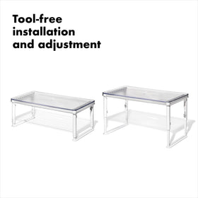 OXO Good Grips Adjustable Fridge Shelf Riser, side view, showing mid-height clearance for bulky items.