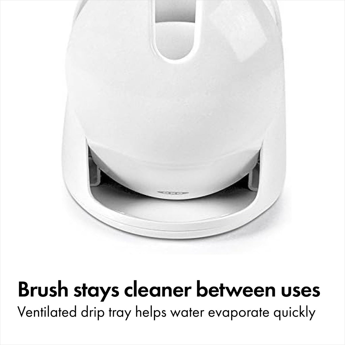 Slim canister stores the brush neatly in small bathrooms.