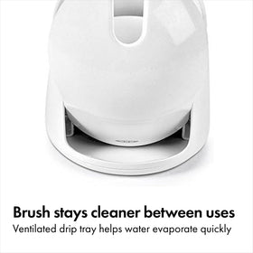 Slim canister stores the brush neatly in small bathrooms.