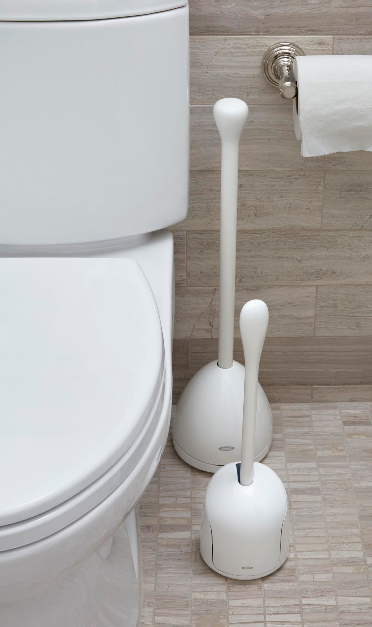 Discreet storage maintains a tidy, modern bathroom look.