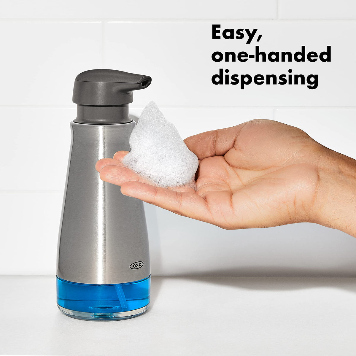 OXO Good Grips foaming soap dispenser with non-slip base preventing spills