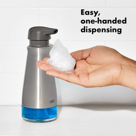 OXO Good Grips foaming soap dispenser with non-slip base preventing spills