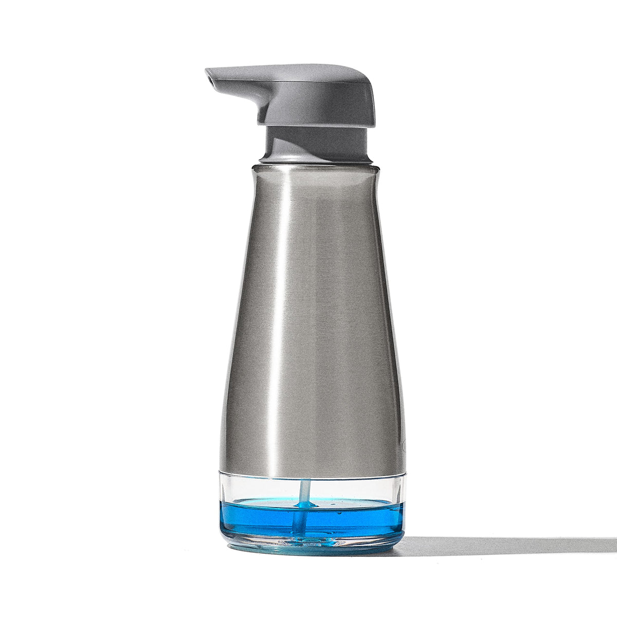 OXO Good Grips foaming soap dispenser with angled pump for easy one-handed use at the sink
