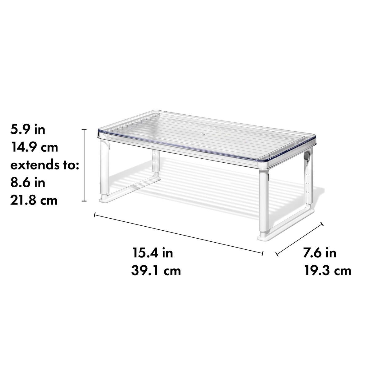 OXO Good Grips Fridge Shelf Riser, in-use setup with multiple items organized.