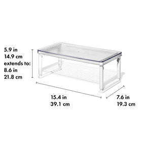 OXO Good Grips Fridge Shelf Riser, in-use setup with multiple items organized.