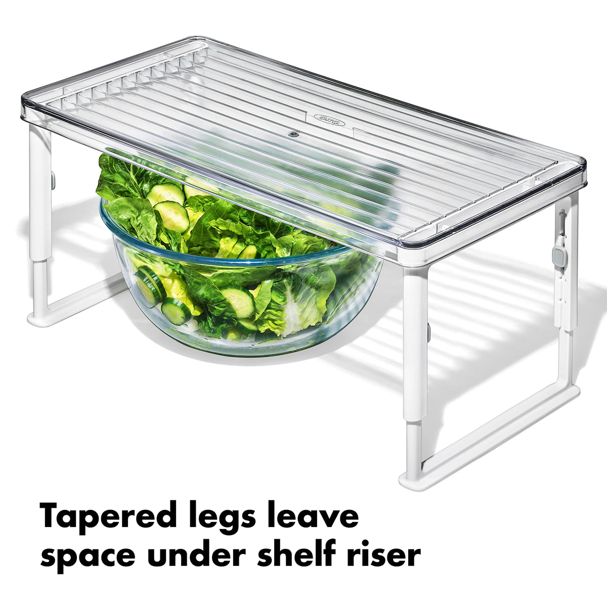 OXO Good Grips Fridge Shelf Riser, non-slip feet, stable on any shelf surface.