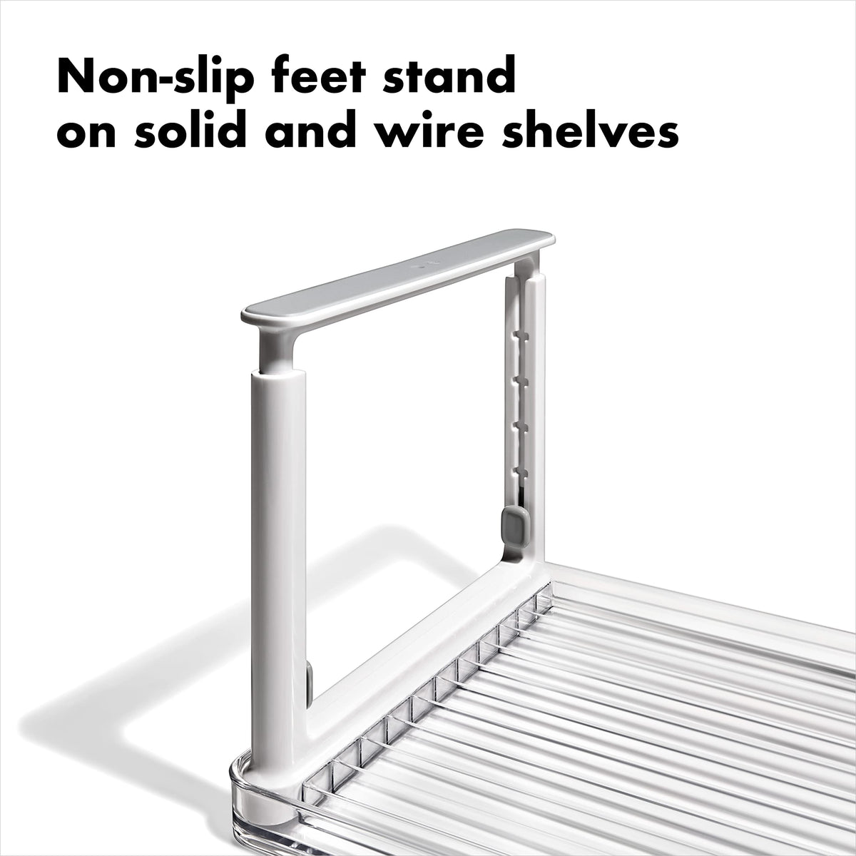 OXO Good Grips Fridge Shelf Riser, tapered legs, allows clearance under the shelf.