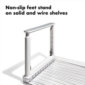 OXO Good Grips Fridge Shelf Riser, tapered legs, allows clearance under the shelf.