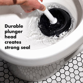 OXO Good Grips head extends for toilets and folds inward for sinks.