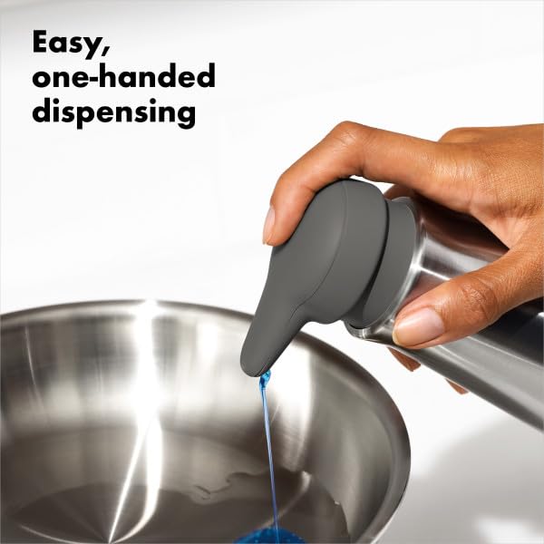 OXO Good Grips pump-action stainless dispenser demonstrated for efficient one-handed use