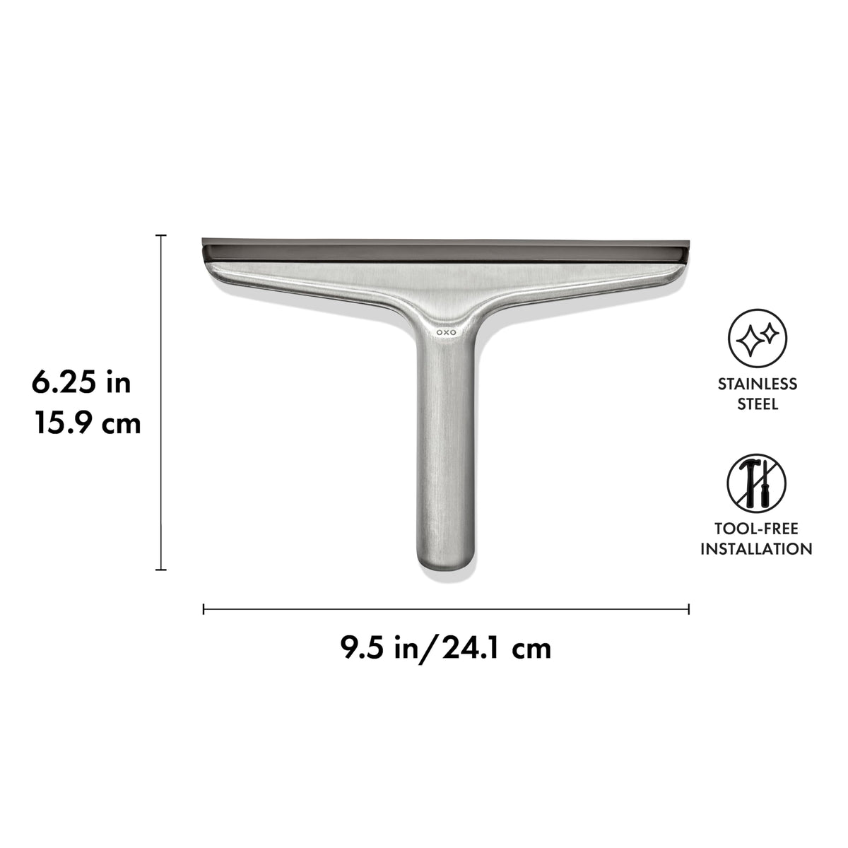 OXO Good Grips squeegee in a tidy bathroom setup, ready to use