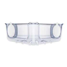 OXO Good Grips StrongHold corner basket in shower keeps bottles within reach.