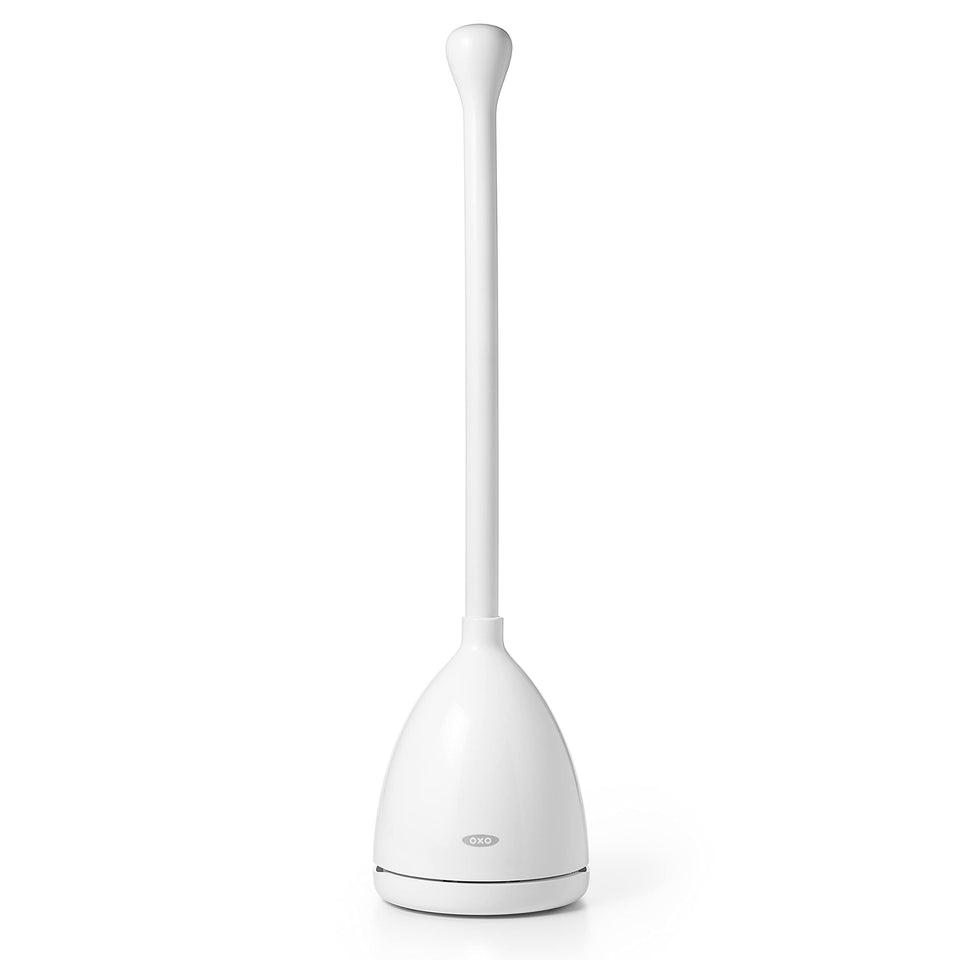 OXO Good Grips toilet plunger with open canister keeps storage neat and ready