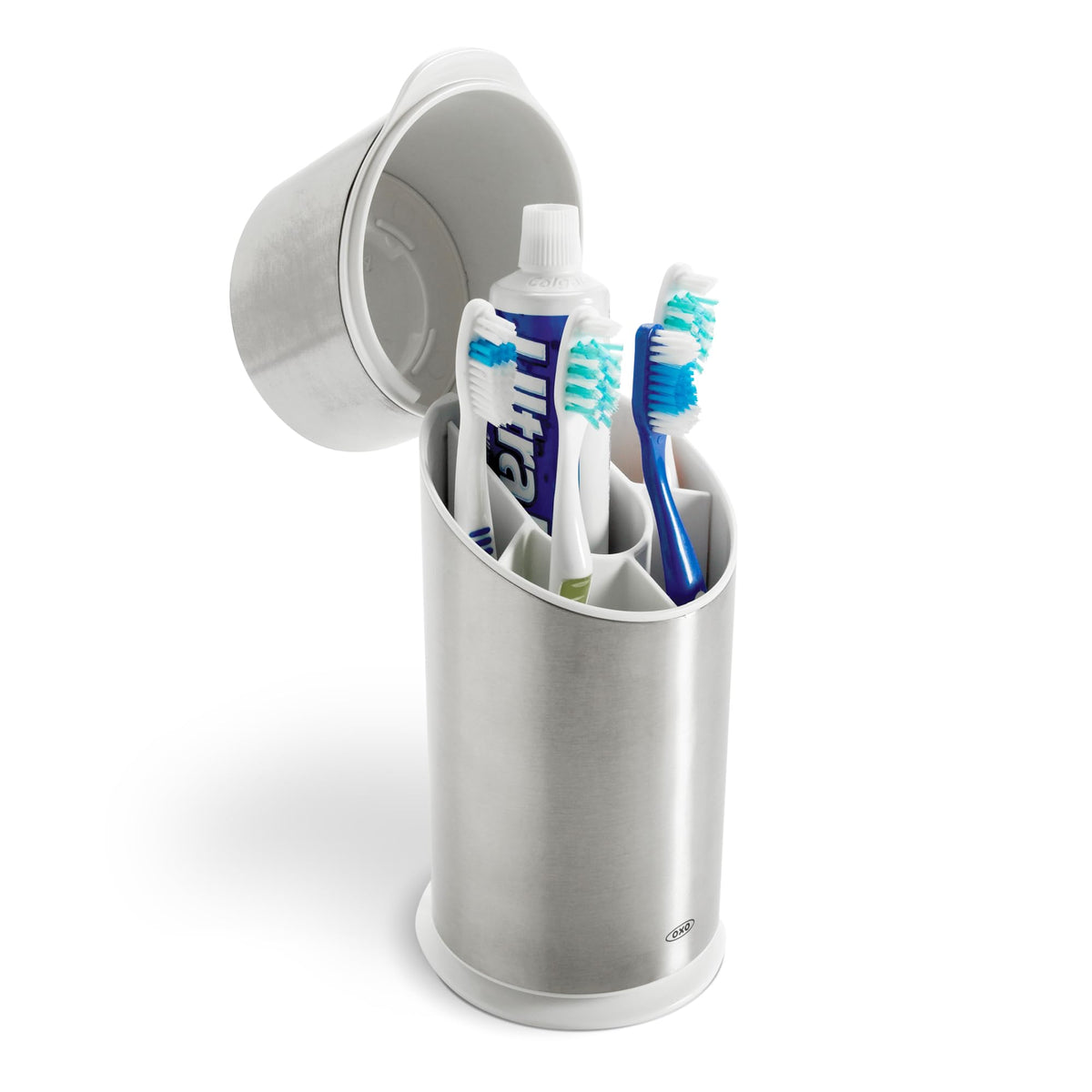 OXO Good Grips toothbrush organizer top view showing space for four brushes and toothpaste.