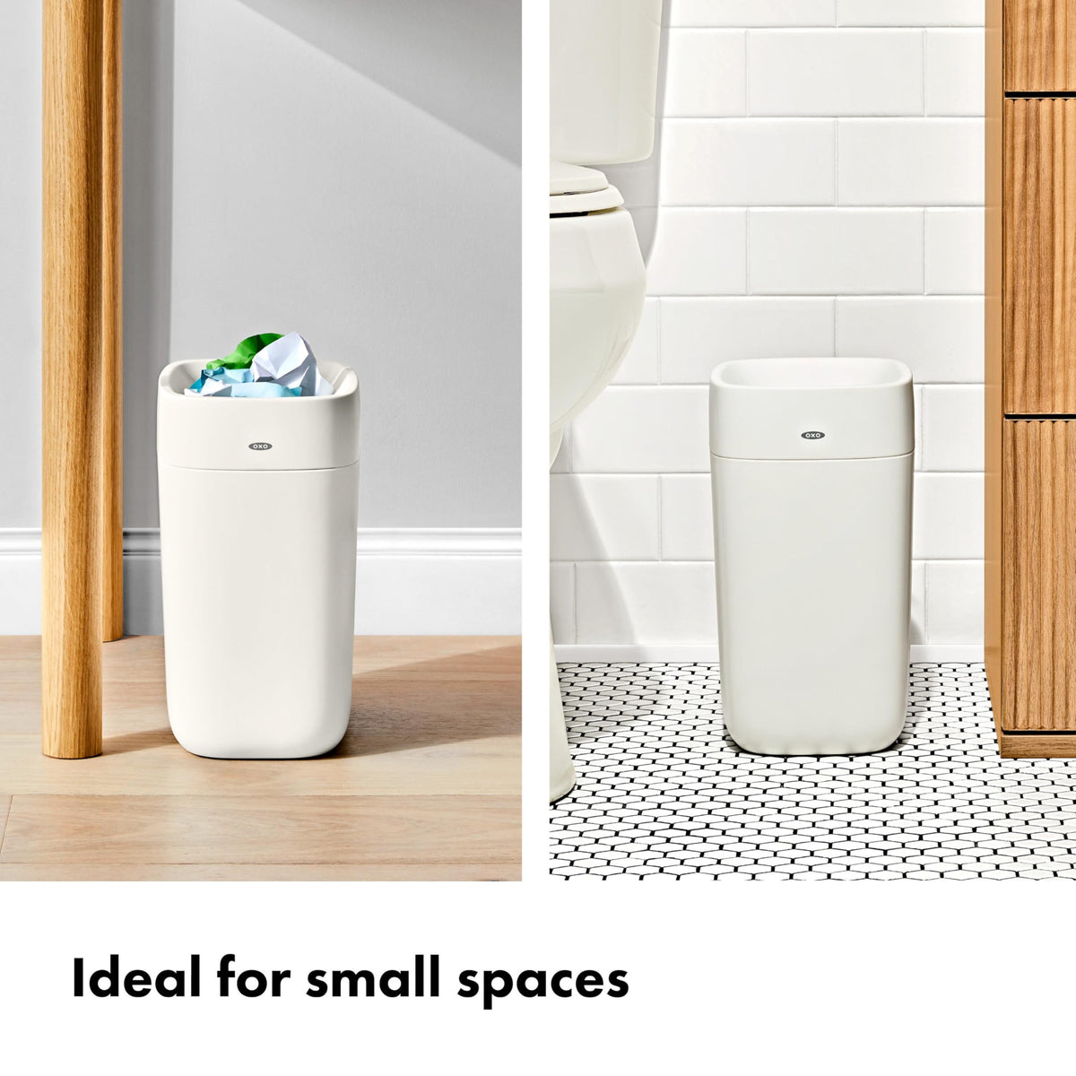OXO Good Grips bathroom trash can shows a compact 6 L size for small spaces.