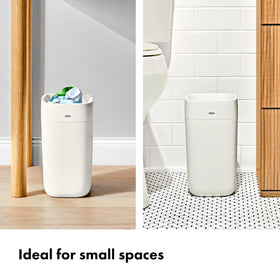 OXO Good Grips bathroom trash can shows a compact 6 L size for small spaces.