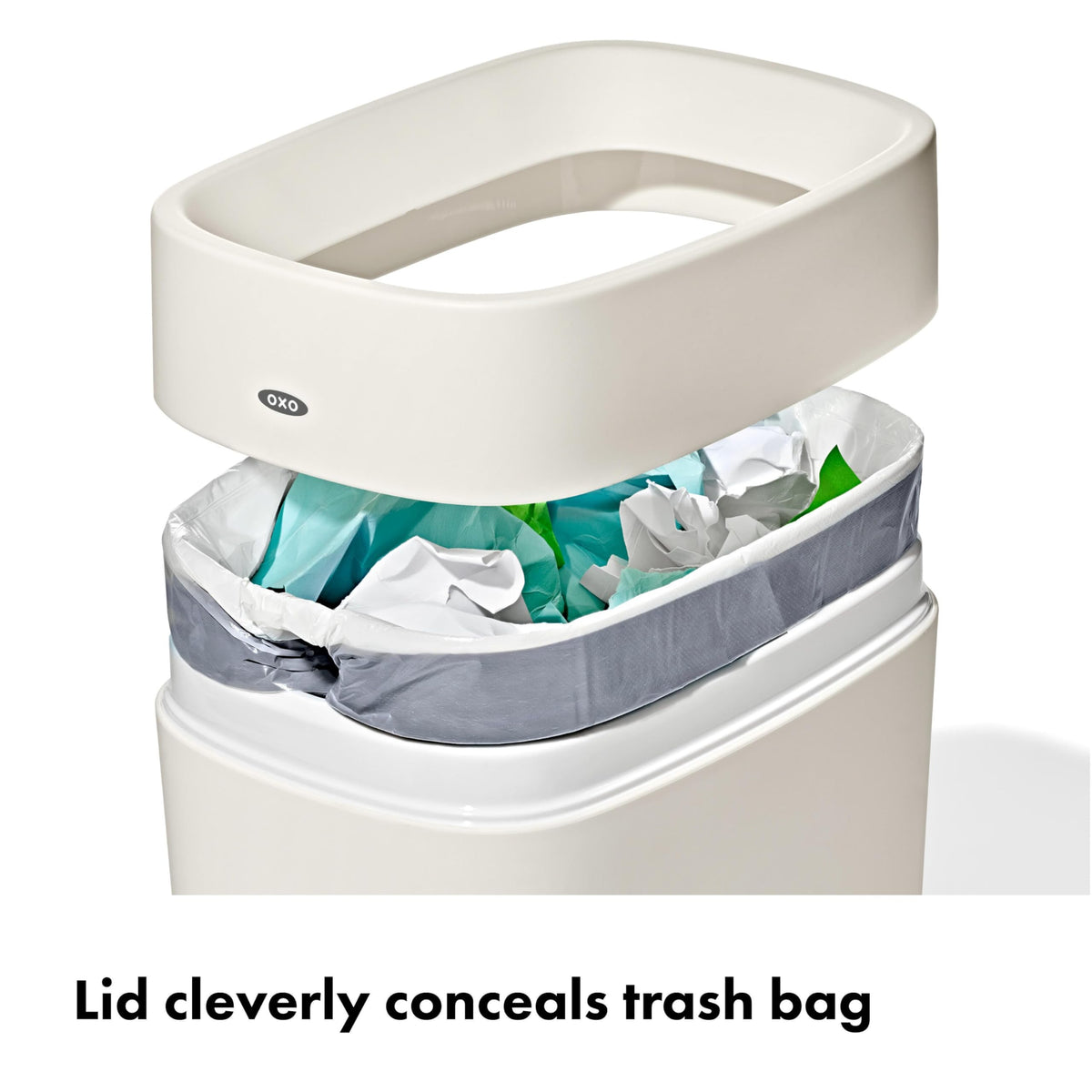 OXO Good Grips trash can interior features smooth walls for quick cleaning.