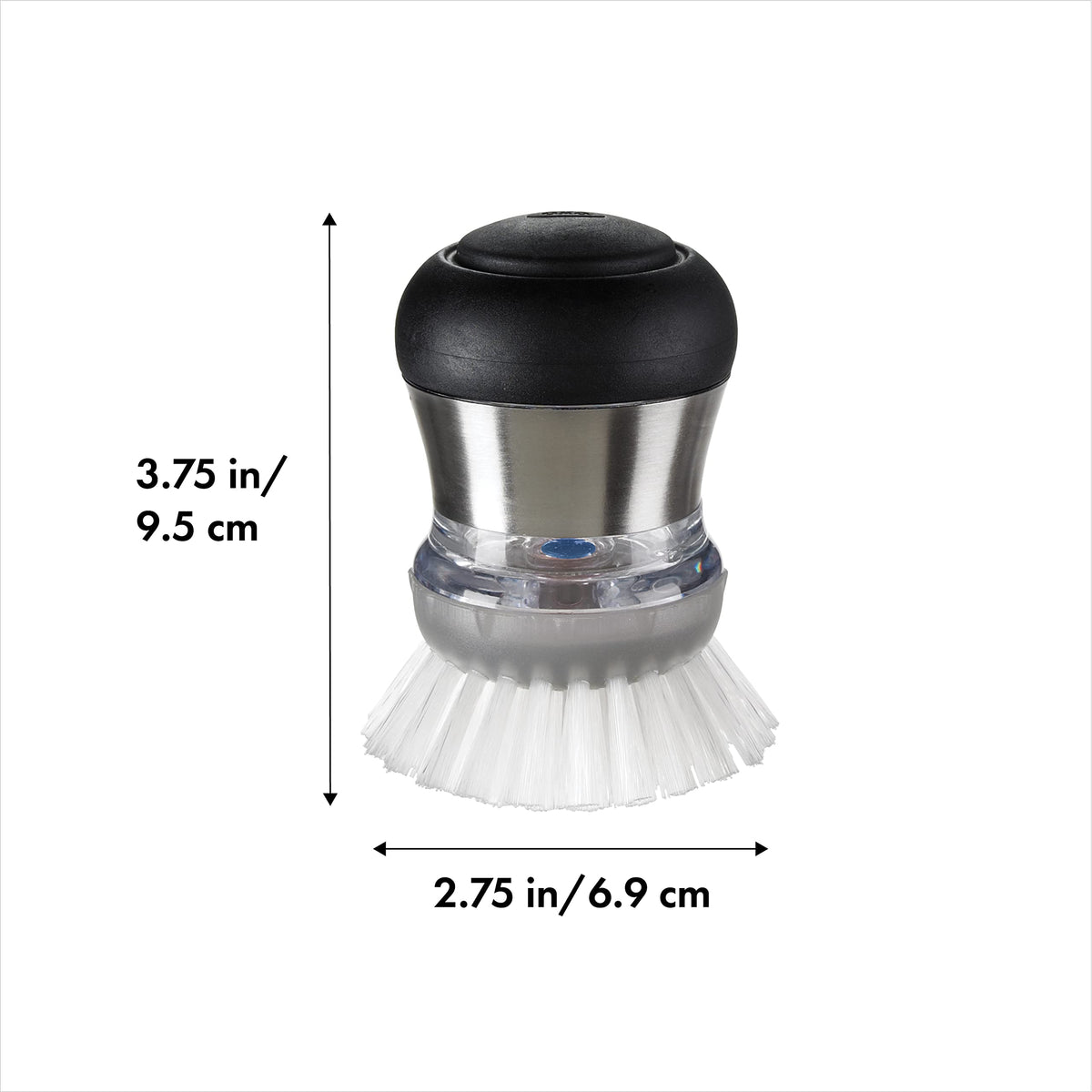OXO Soap Dispensing Palm Brush in action shows convenient one-button delivery.