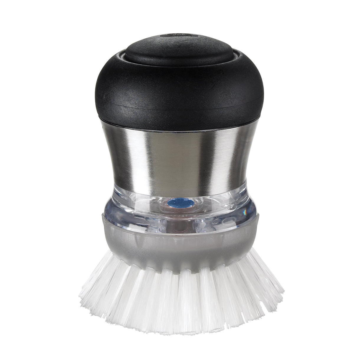 OXO Steel Soap Dispensing Palm Brush front view demonstrates easy soap release.