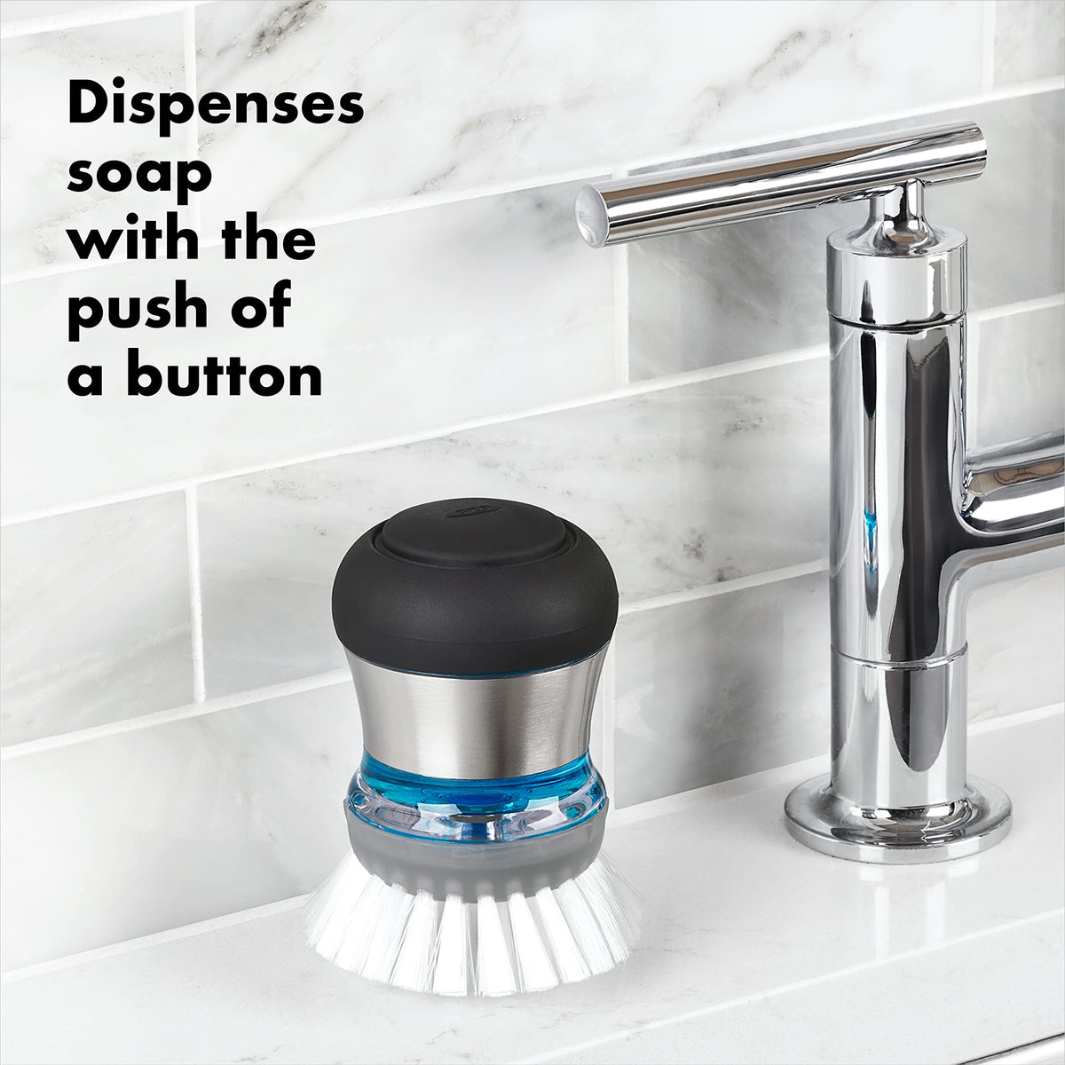Soft non-slip grip with stainless steel accent improves scrubbing comfort.