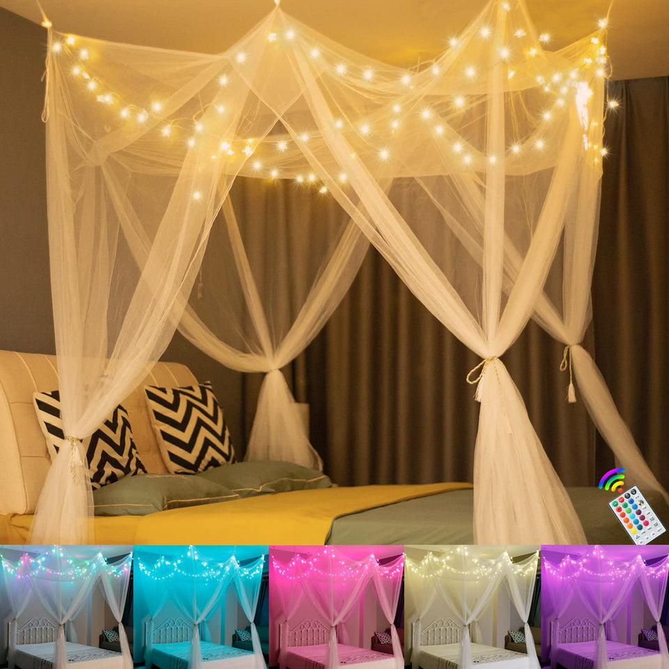 OYCBUZO white bed canopy with star lights for an eight-corner princess look.