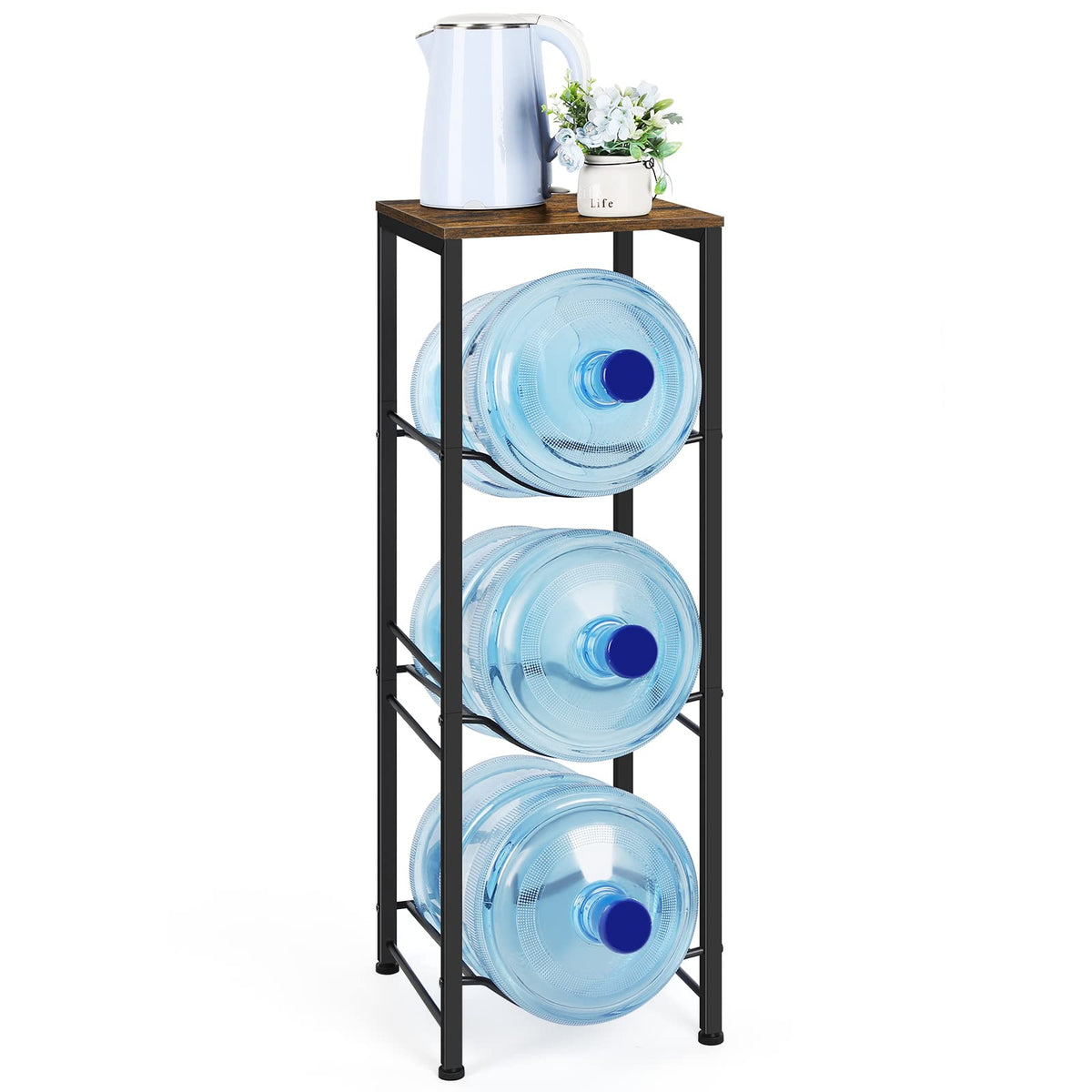 OYEAL 5-gallon water jug holder front view shows organized three-tier storage.