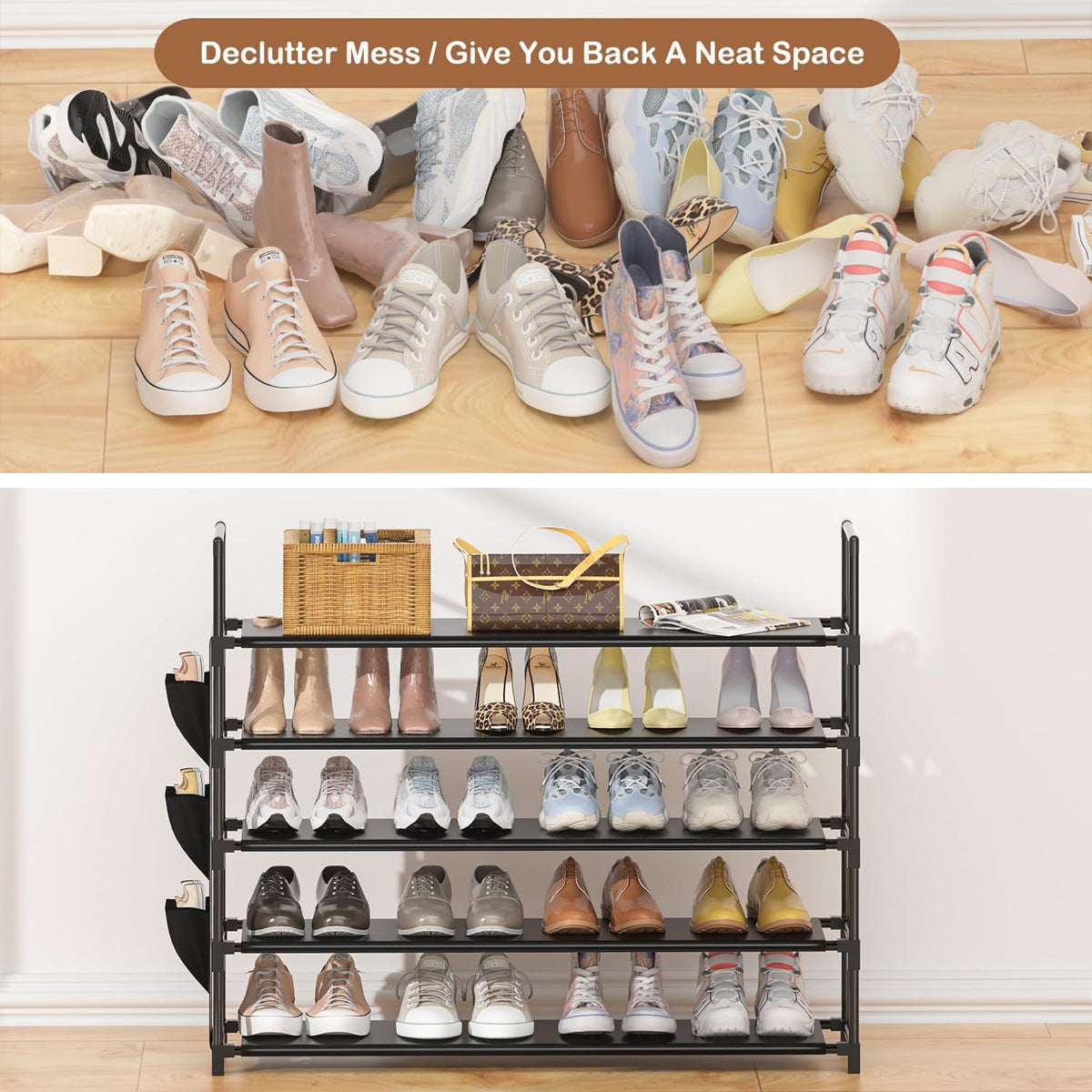 OYREL 5-tier organizer in a bedroom setup shows organized closet space