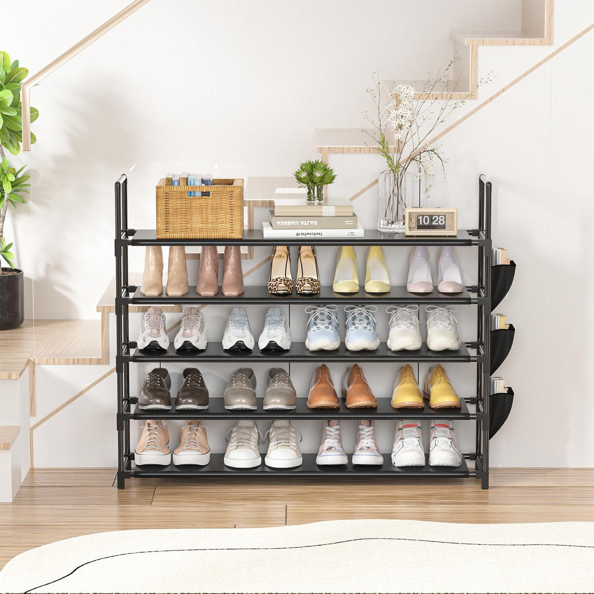 OYREL 5-tier shoe organizer dimensions highlight a broad footprint for high capacity