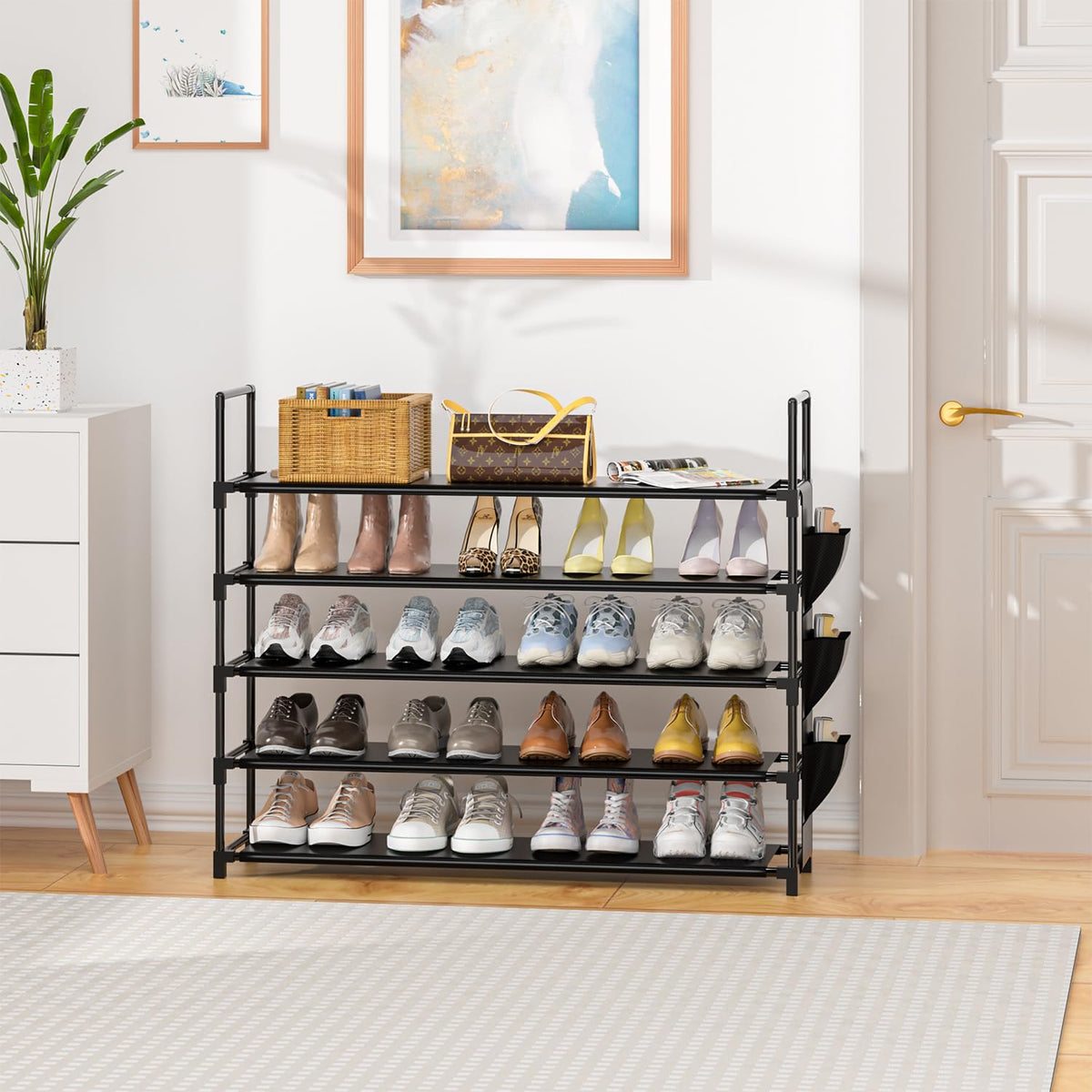 OYREL 5-tier organizer with side bag demonstrates convenient extra storage for small items