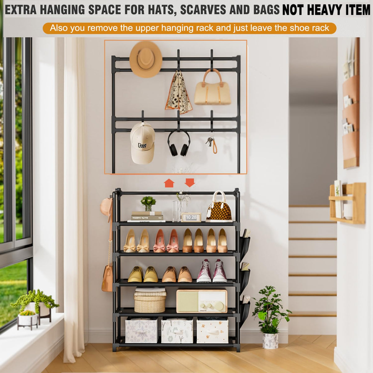 OYREL 5-tier shoe rack front-view in a modern entryway with black finish.