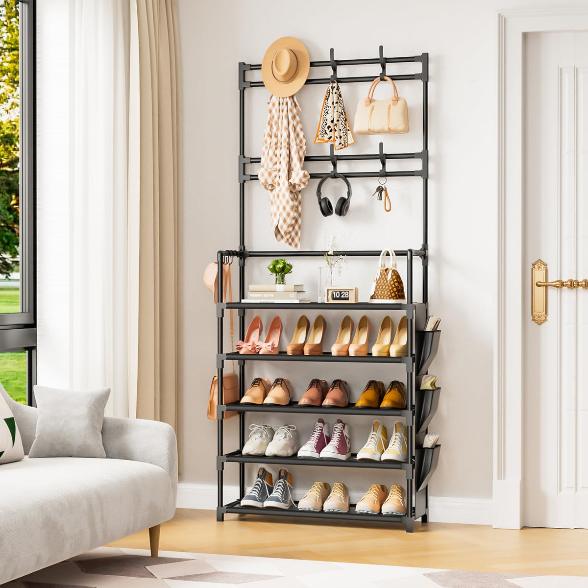 OYREL 5-tier shoe rack side-pocket for small items and sunglasses.