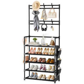 OYREL 5-tier shoe rack with top-hooks showing easy access for hats and keys.