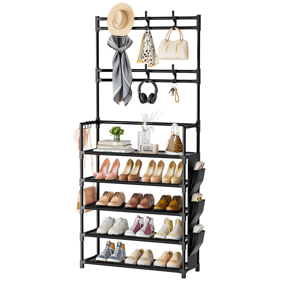 OYREL 5-tier shoe rack with top-hooks showing easy access for hats and keys.
