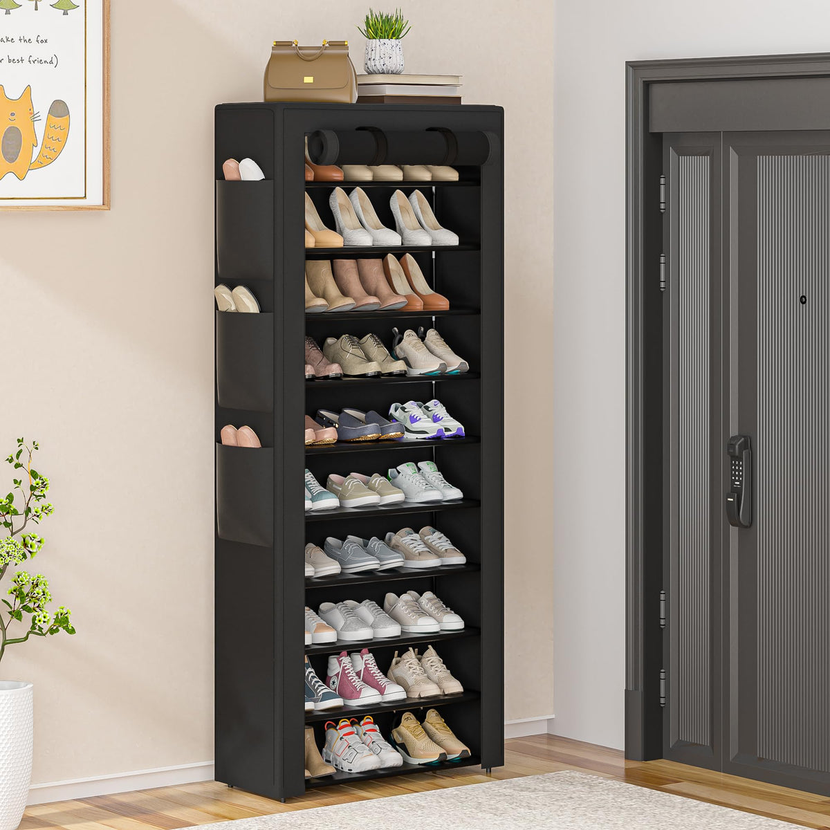 OYREL large shoe rack side pockets display six pockets for accessible organization.