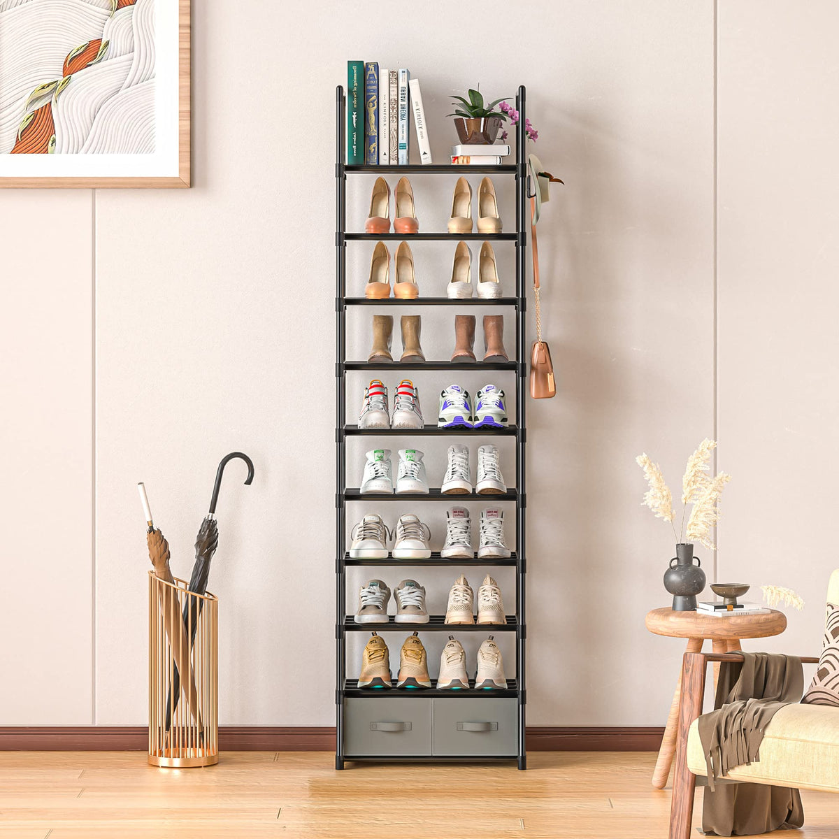 OYREL rack with two boxes stores small items neatly beside shoes.