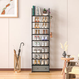 OYREL rack with two boxes stores small items neatly beside shoes.
