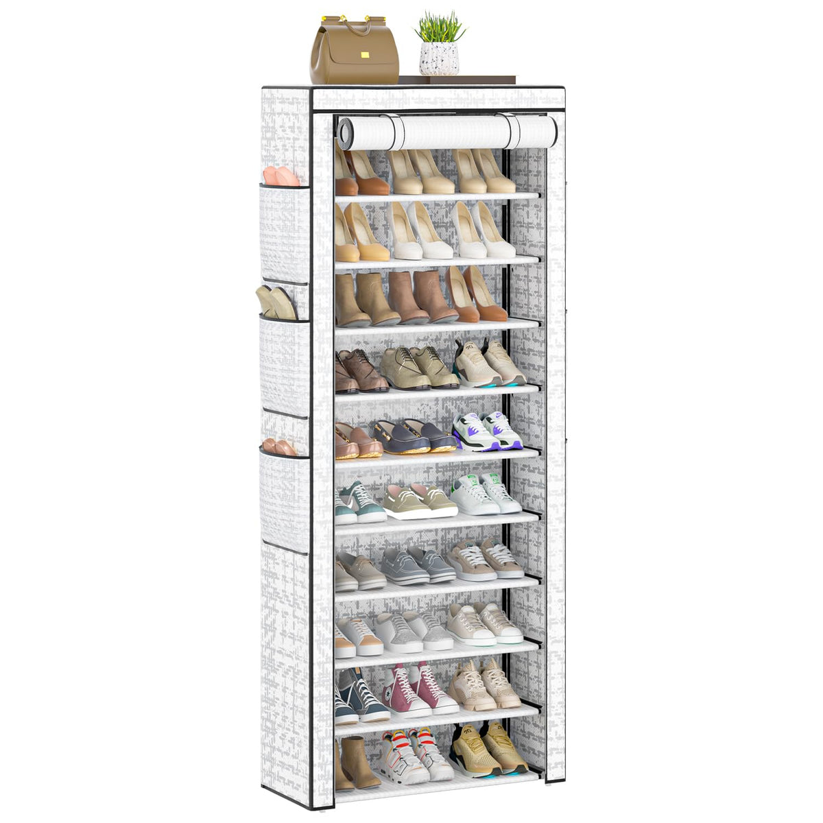 OYREL 10-tier tall shoe rack with six pockets for easy access.