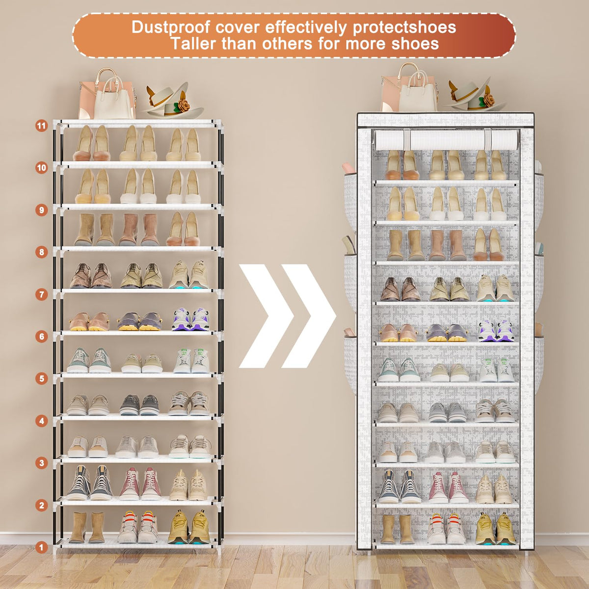 OYREL dustproof cover protecting shoes while remaining visible when rolled up.