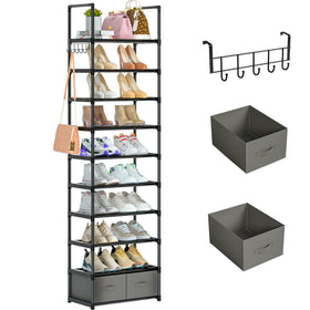 OYREL tall 10-tier shoe rack keeps sneakers organized and saves floor space.