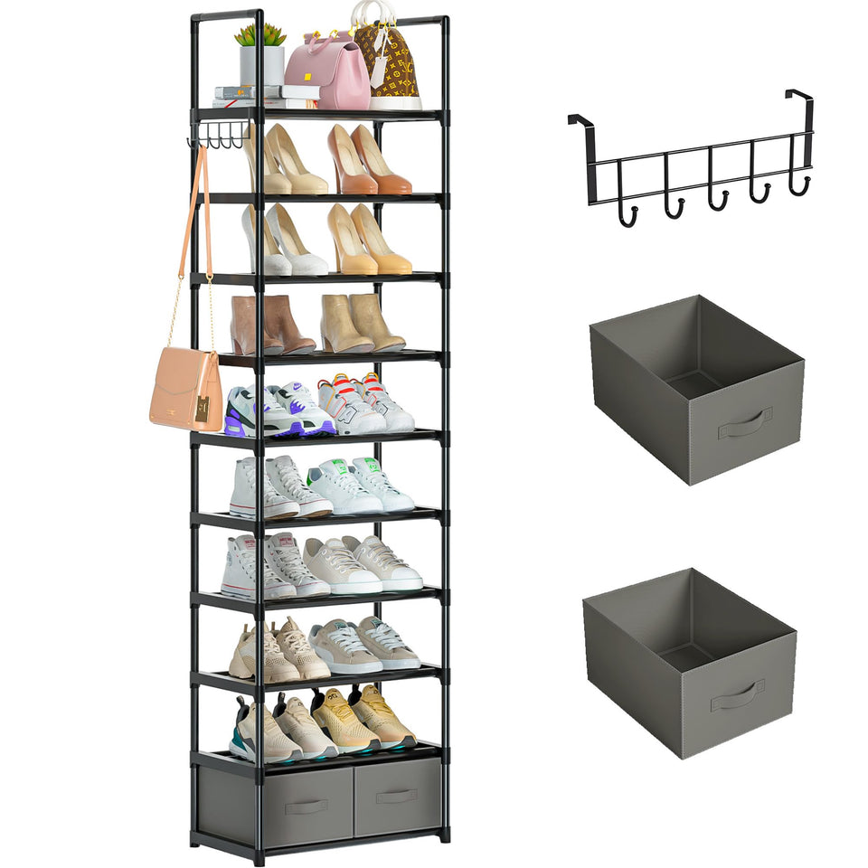 OYREL tall 10-tier shoe rack keeps sneakers organized and saves floor space.