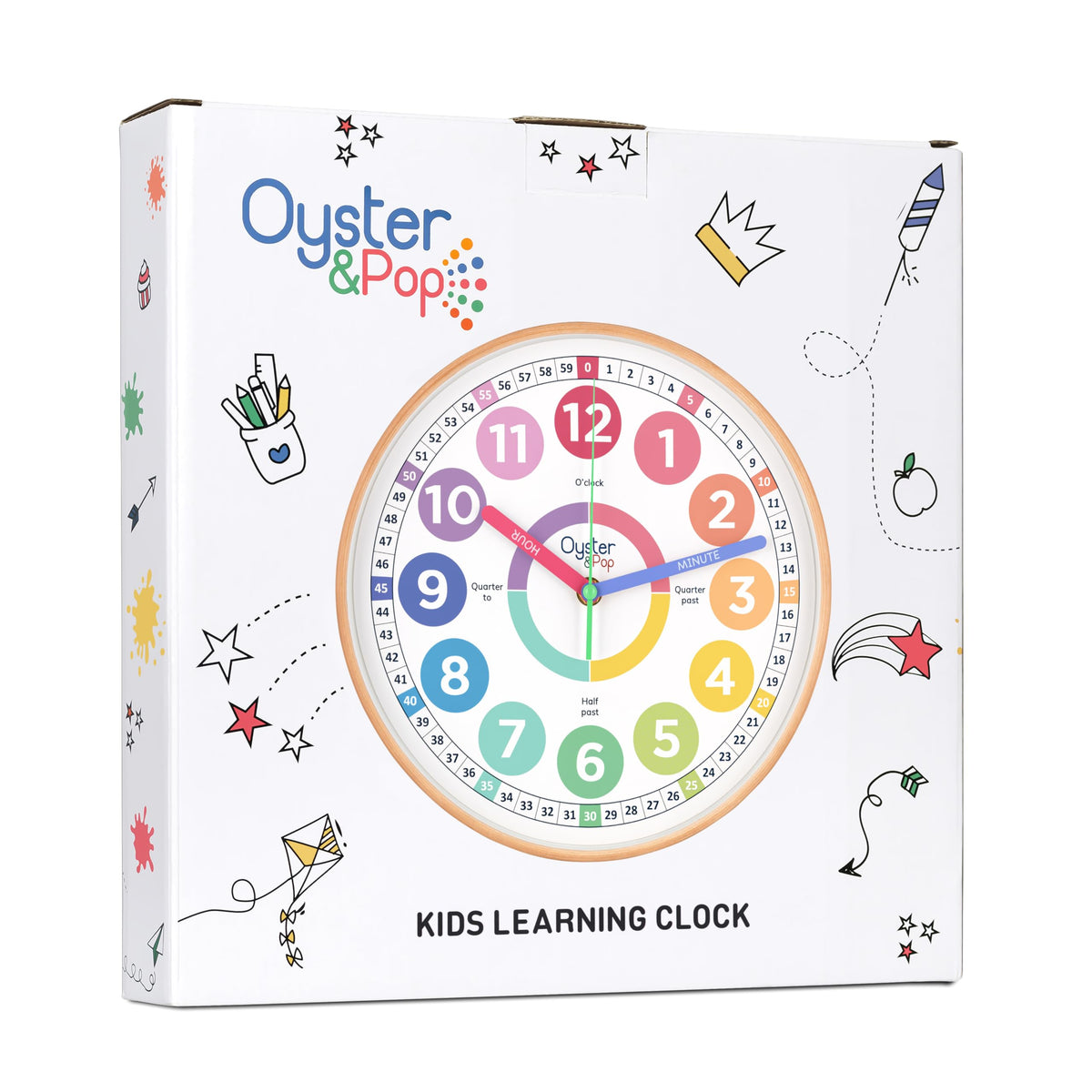Oyster&Pop Kids Clock acrylic face closeup emphasizes kid-safe, glare-free visibility