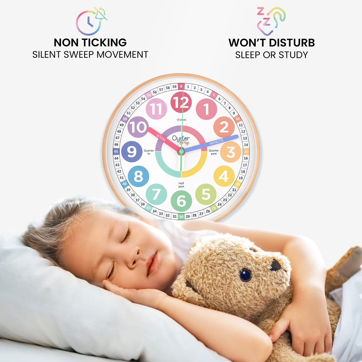 Oyster&Pop Kids Clock in pastel room setup shows versatile use in bedrooms
