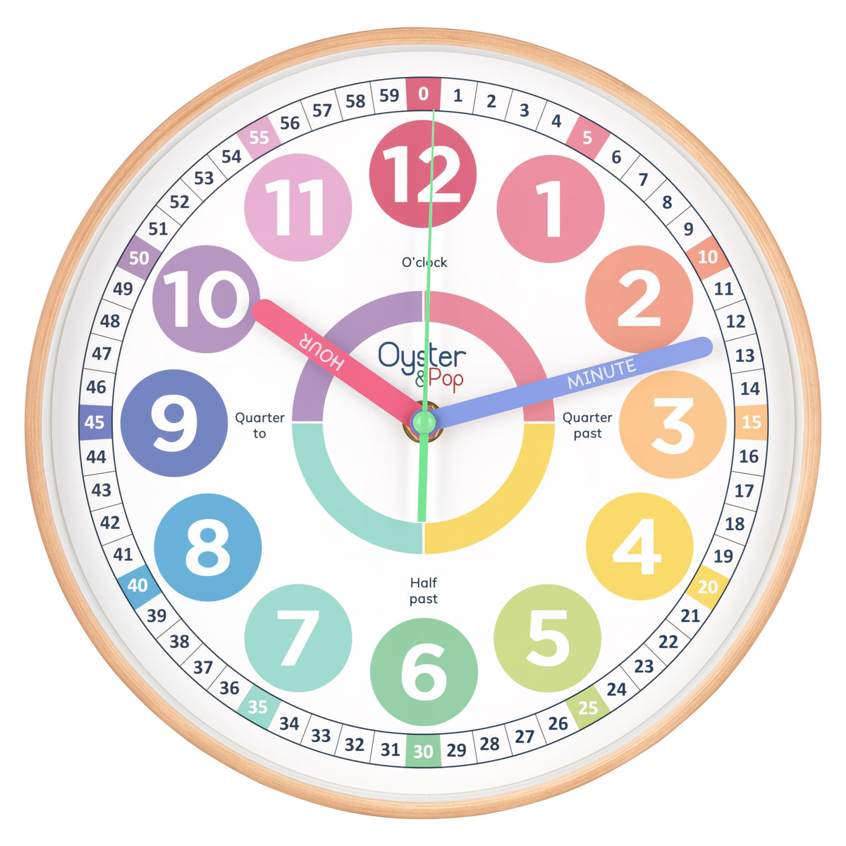 Oyster&Pop Kids Clock silent pastel face ideal for quiet study spaces