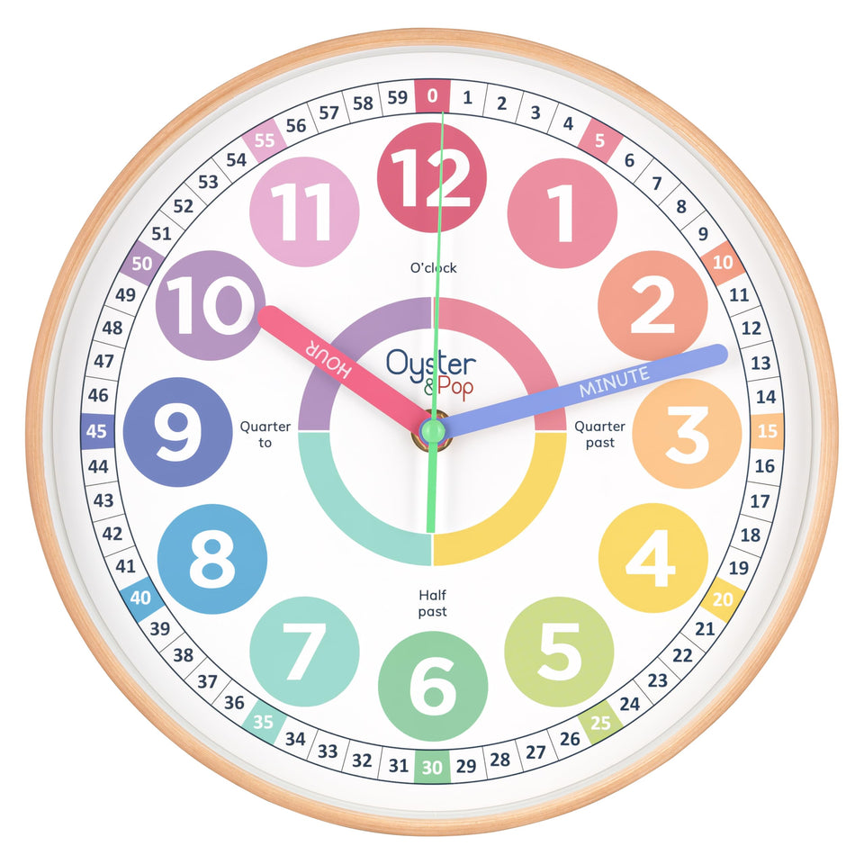 Oyster&Pop Kids Clock silent pastel face ideal for quiet study spaces