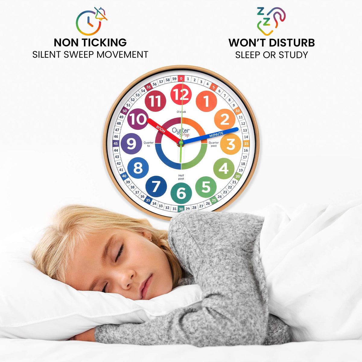 Oyster&Pop Kids Clock uses 1 AA battery for quick setup and maintenance