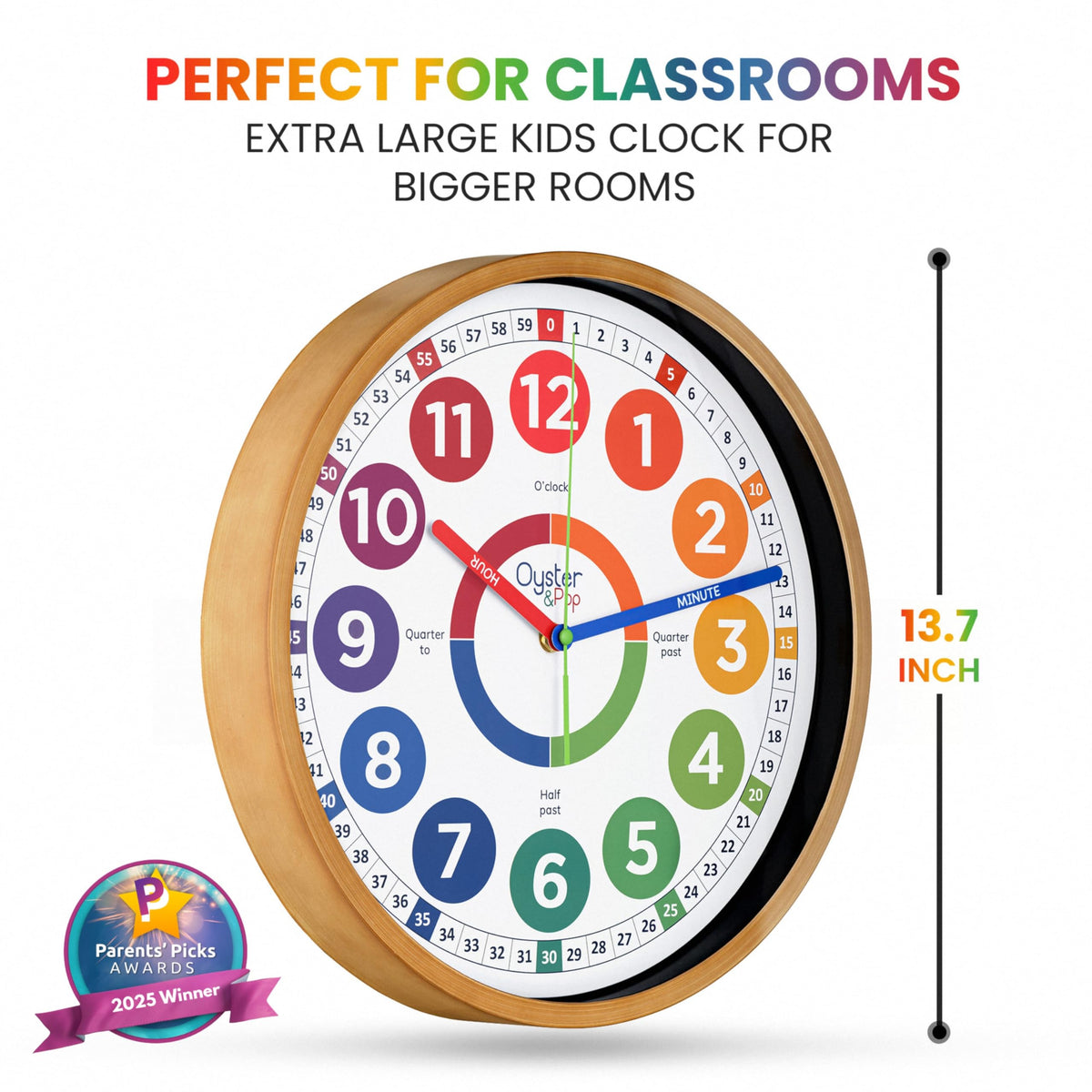 Oyster&Pop Kids Clock in bedroom decor shows silent operation for concentration.