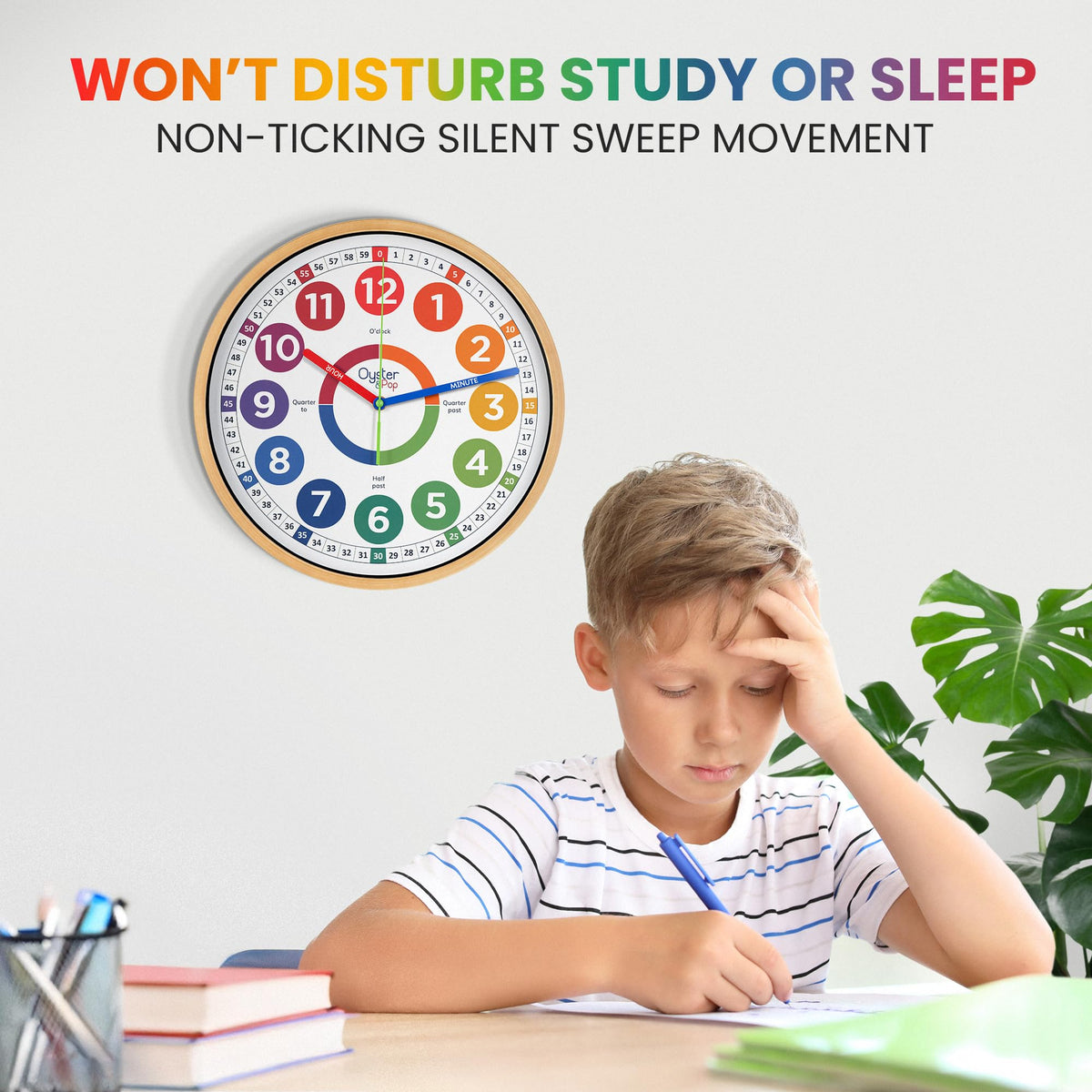 Oyster&Pop classroom setup demonstrates a 14-inch clock aiding instruction.