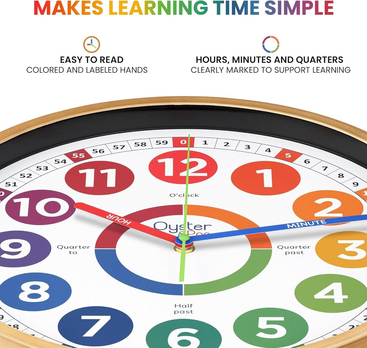 Oyster&Pop Kids Clock dial close-up highlights readable minute and quarter markers.