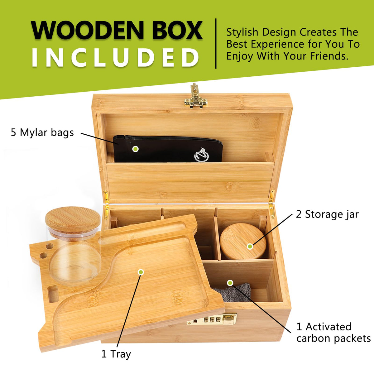 OZCHIN bamboo box lid open with tray reveals flexible organization