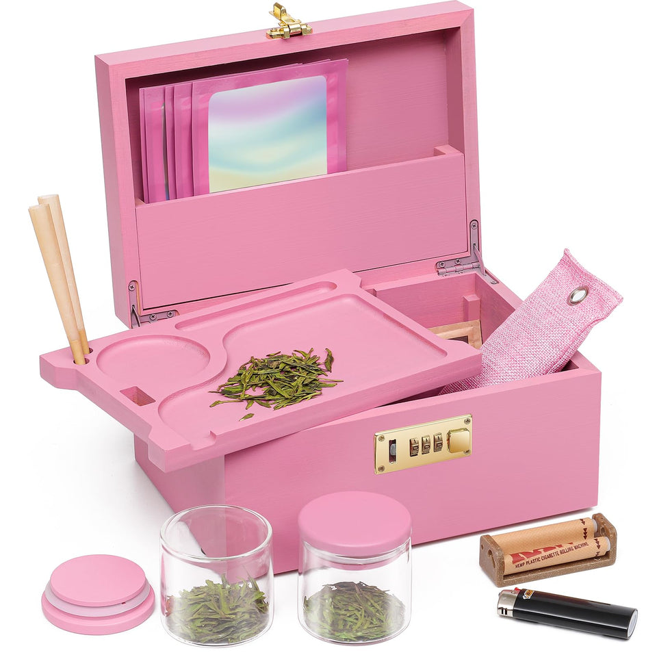 OZCHIN pink bamboo box front view with lock for secure storage.